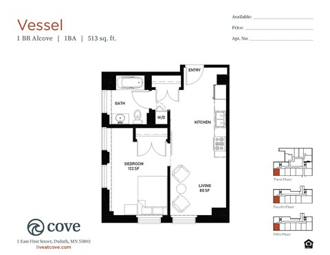 Floor plan for 1 bed, 1 bath, 513 sqft